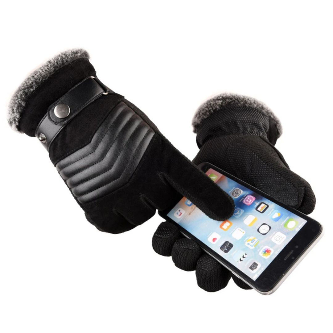 Men's Touch Screen Warm Winter Gloves - Genuine Leather Strap - Iron Thread