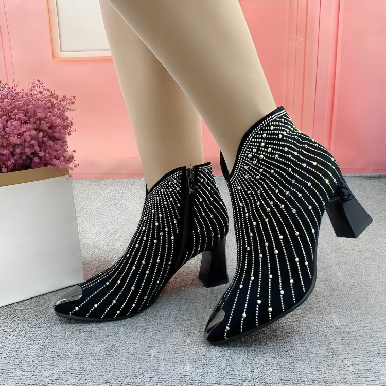 Stylish rhinestone ankle boots, black, zip, pointed - Iron Thread