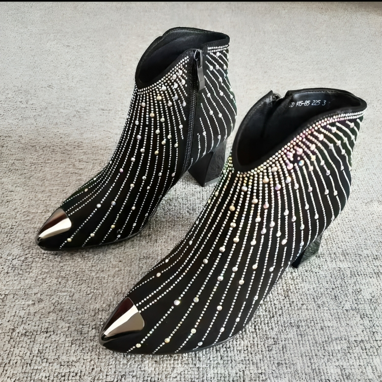 Stylish rhinestone ankle boots, black, zip, pointed - Iron Thread