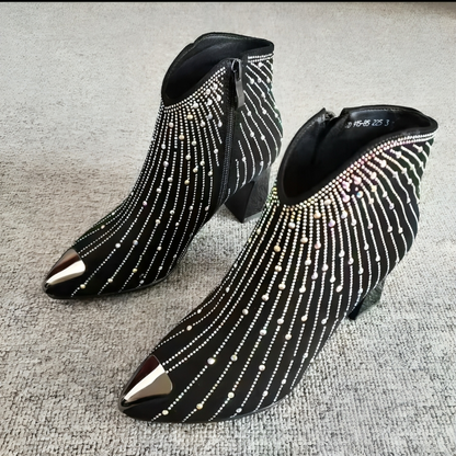 Stylish rhinestone ankle boots, black, zip, pointed - Iron Thread